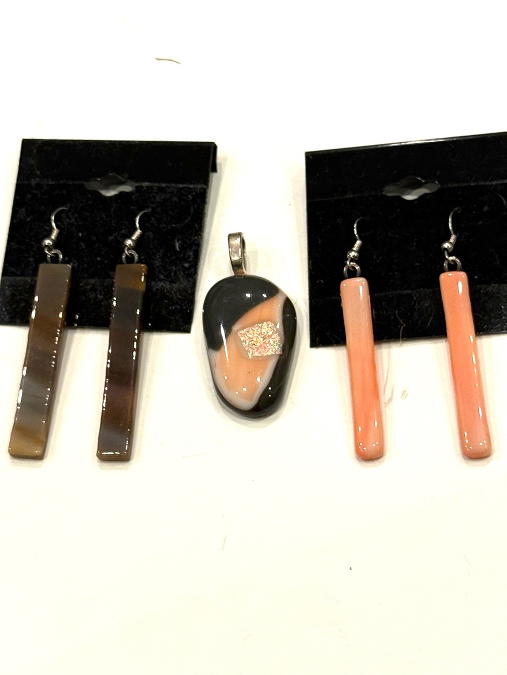 Artisan Fused Glass Pendant Earrings Set Peach Taupe Dichroic Handmade